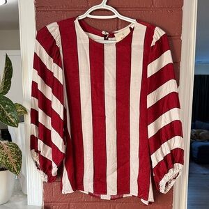 Anthropologie Red and White Vertical Stripe Balloon Sleeve Blouse